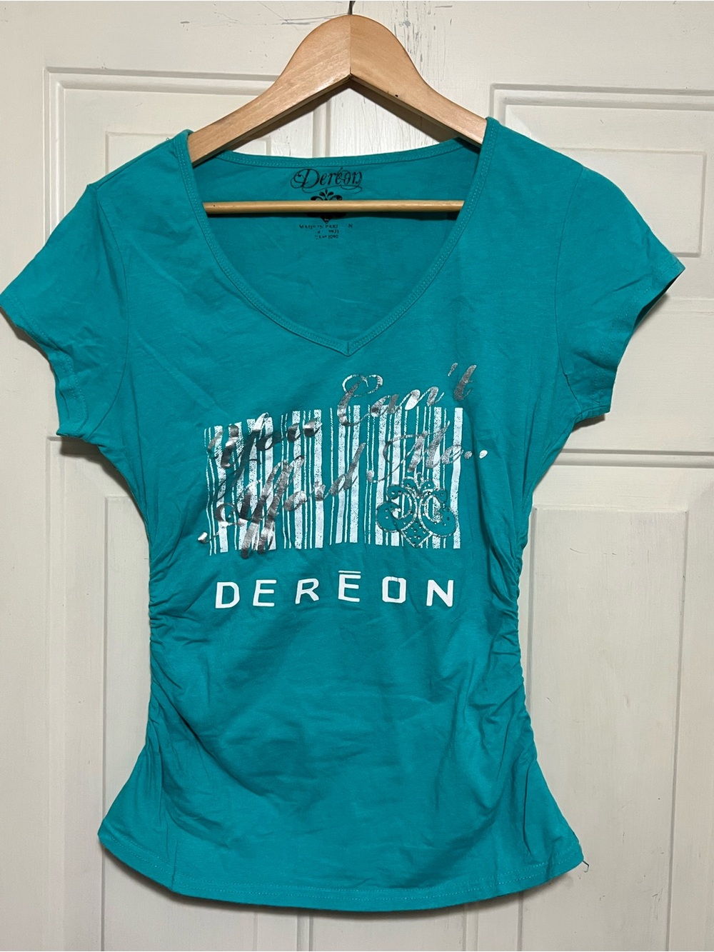 House of Deréon Teal “You Can’t Afford Me” Graphic V-Neck Tee Ruched Sides | M